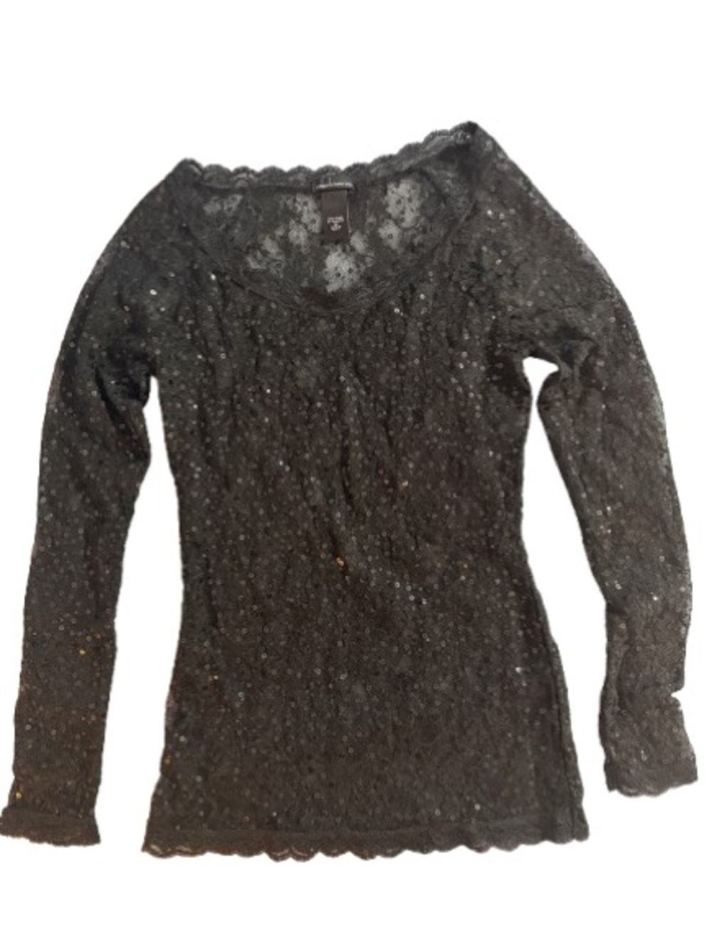 Vintage 90s Moda International Sheer Black Lace SequinTop-Long Sleeve Size M